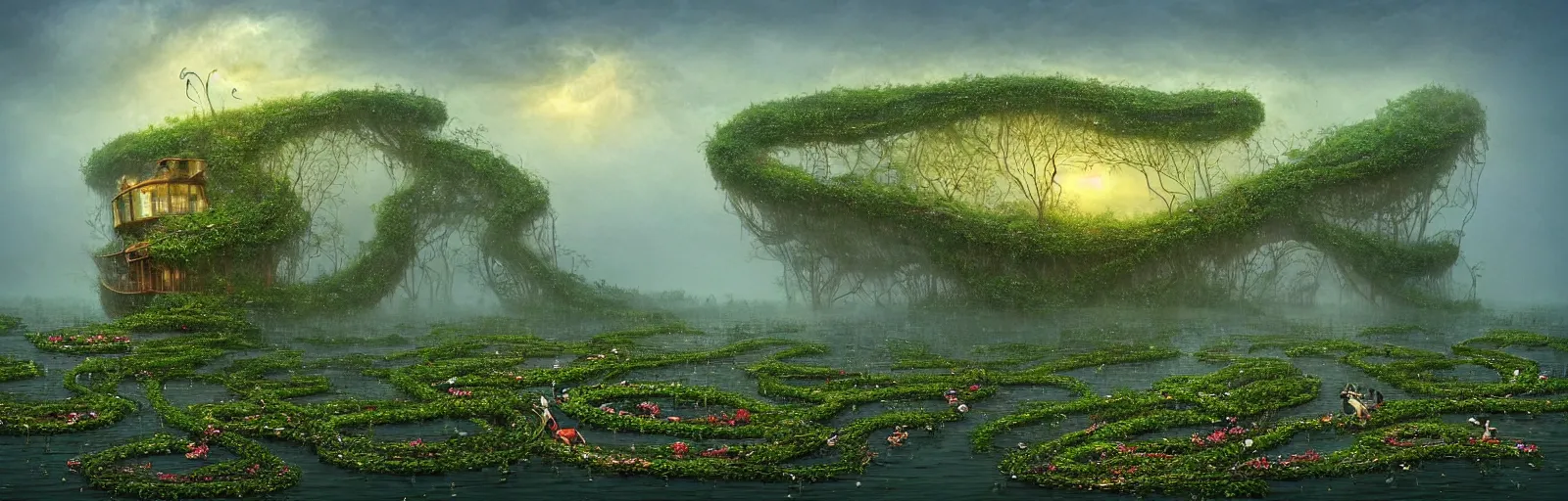 Prompt: Gediminas Pranckevicius , A wooden, beautiful 1880's steamboat overgrown with intricate vines, flowers, snakes, anacondas and exotic vegetation floating down on the Amazon river. Faint lights from inside the ship. Steam. Birds circulating. The boat looks like an island. Ecosystem. Sunset. Volumetric lights. Mist. hyper-maximalistic, with high detail, cinematic, 8k resolution, beautiful detail, insanely complex details, 50mm lens.
