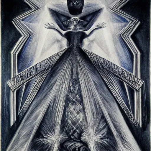 Image similar to Norma Desmond, pencil drawing. El Greco, Remedios Varo, Salvador Dali, Carl Gustav Carus, John Atkinson Grimshaw. Blue tint. Symetrical, logo, geometric shapes.