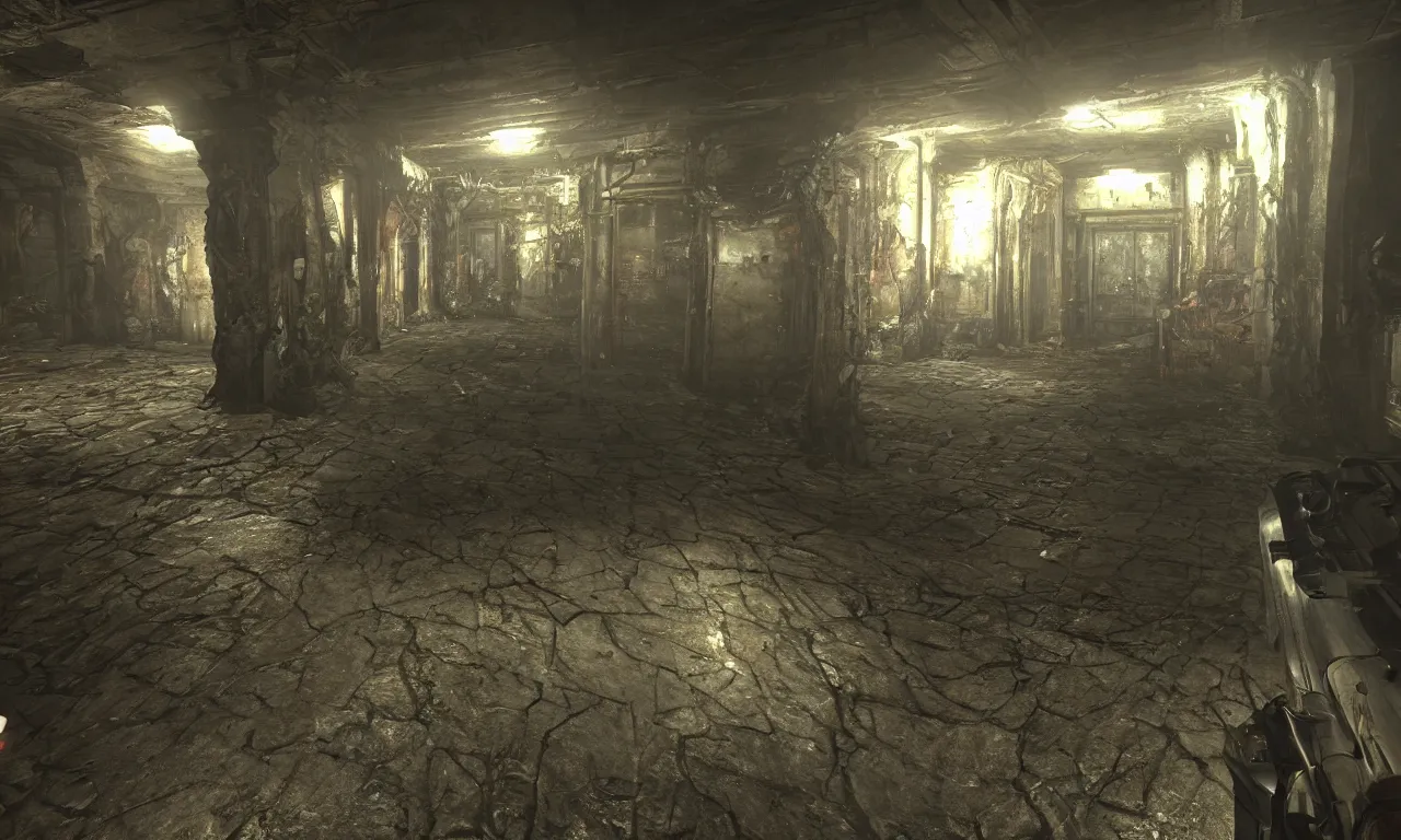 Prompt: screenshot from horror fps, biomechanical first person weapon, dilapidated dungeon level, undead monsters, cryengine, subsurface scattering, raytraced shading, 8 k