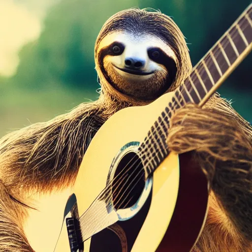 Image similar to sloth playing guitar, golden hour