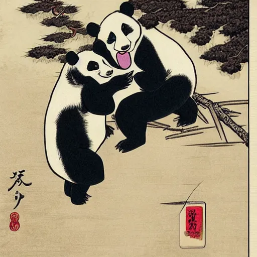 Image similar to a panda and moose kissing, shunga style, ukiyo - e art, artstation