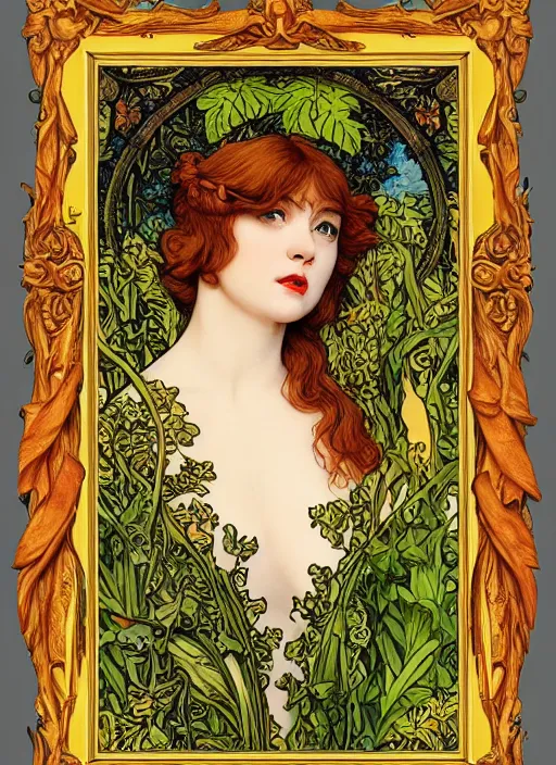 Image similar to masterpiece beautiful seductive flowing curves pinup pose preraphaelite face portrait photography, extreme closeup shot, straight bangs, thick set features, yellow ochre ornate medieval dress, amongst foliage mushroom forest arch, circle, william morris and kilian eng and mucha, framed, 4 k