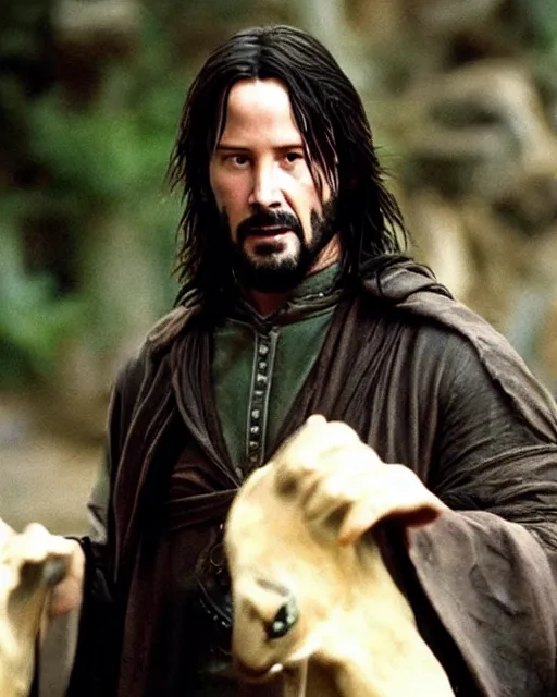 Image similar to Keanu reeves in a role of aragorn