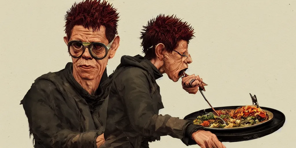 Image similar to cartoonish lou reed eating dinner, vivid colors, character sheet, fine details, concept design, contrast, kim jung gi, greg rutkowski, trending on artstation, 8 k, full body, turnaround, front view, back view, ultra wide angle