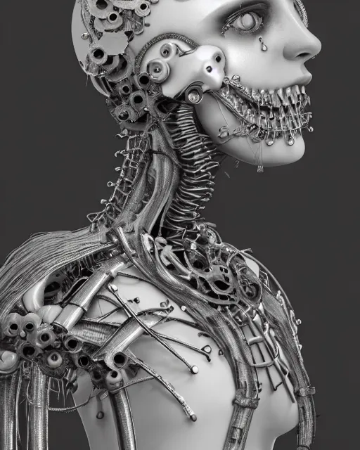 Prompt: black and white dreamy foggy smoky profile face portrait, one silver steampunk eye biomechanical beautiful young female cyclope - cyborg - robot bust, body ribs meshes,, volumetric light, hibiscus flowers, rim light, by hg giger and cecile beaton, big gothic fashion pearl embroidered collar, 8 k