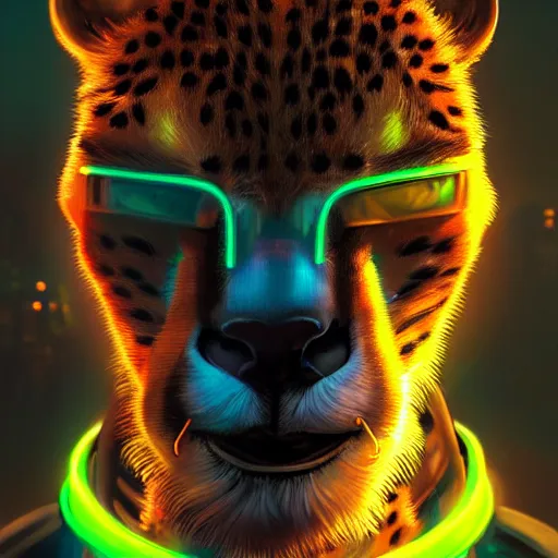 Image similar to a beautiful commission portrait of a male anthro cheetah wearing a neon jacket,futuristic,detailed face,mohawk,cyberpunk city,deviantart,artstation,art by greg rutkowski,ross tran,professional lighting,neon city,night,raytracing,highly realistic,4k,dramatic,hyperrealism,cinematic,low-angle ahot