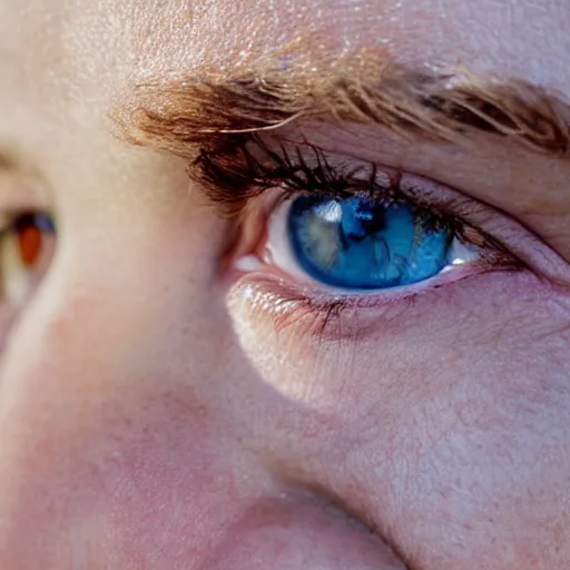 Prompt: close up portrait photo of the left side of the face of a redhead woman with blue eyes and big black round pupils who looks directly at the camera. Slightly open mouth, face covers half of the frame, with a park visible in the background. 135mm nikon. Intricate. Very detailed 8k. Sharp. Cinematic post-processing. Award winning photography, steve mccurry