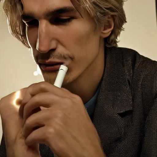 Image similar to a closeup photo of really handsome xqc smoking,