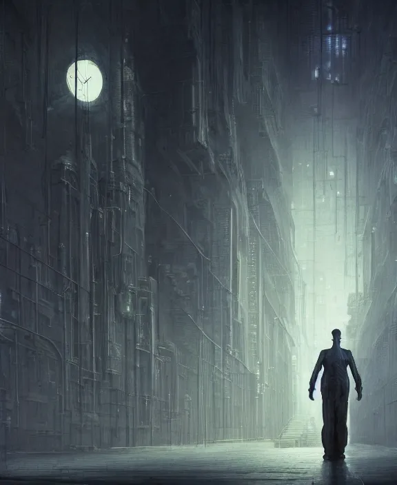 Image similar to a mechanical man in a lab coat standing ominously on a dark and lonely street, by HR Giger and Beksiński and Stephan Martiniere , 4k resolution, detailed, trending on artstation