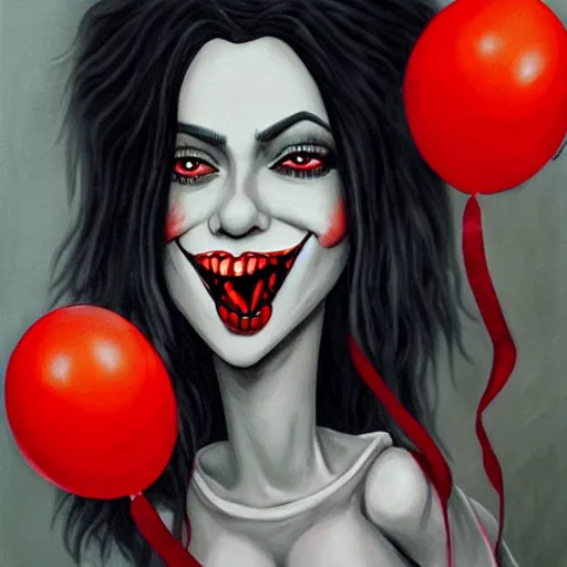 Image similar to grunge cartoon painting of kylie jenner with a wide smile and a red balloon by chris leib, loony toons style, pennywise style, corpse bride style, horror theme, detailed, elegant, intricate