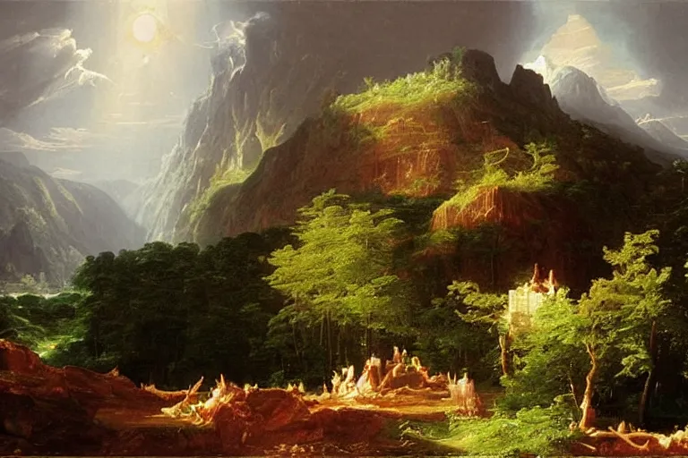 Image similar to there is another world very close to ours that we don't perceive directly, but they do interact sometimes. painting by thomas cole ( 1 8 3 3 )