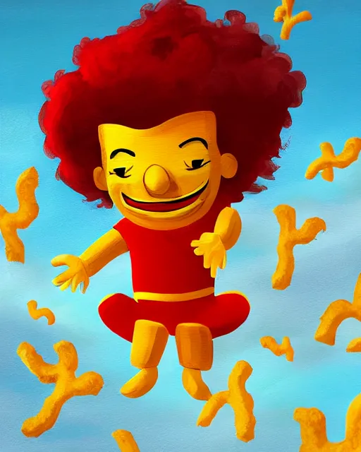 Prompt: ronald mcdonald as an angel ascending into the heavens with wings made entirely of french fries, cute chicken nuggets flying all around, sunbeams, clouds, digital painting