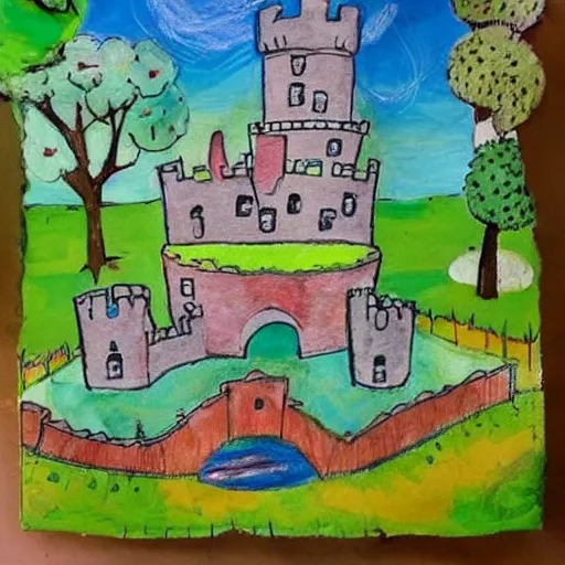 Image similar to children's art of a castle landscape, detailed