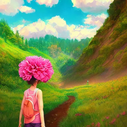 Image similar to giant carnation flower as a head, girl hiking in a lush valley, surreal photography, sunrise, dramatic light, impressionist painting, colorful clouds, digital painting, artstation, simon stalenhag