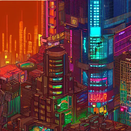 Image similar to digital painting of a cyberpunk city by Dan Mumford, trending on Artstation, hyperdetailed