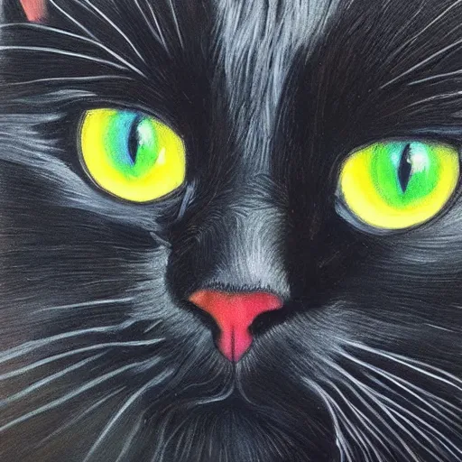 Prompt: spectacular oil painting of a black cat with green eyes