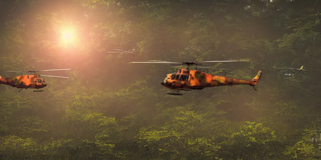 Prompt: Painting of vietnam Huey Helicopters, above a forest, orange sun set, abstract, realism, detailed, octane render, glow