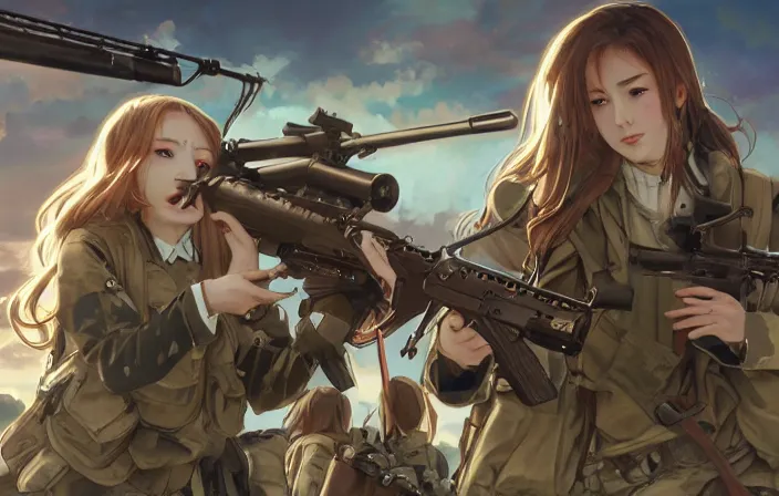Image similar to war movie scene, squad, infantry girls, anime style, long hair, hair down, symmetrical facial features, explosions, wallpaper, from girls frontline, hyper realistic, pale skin, rule of thirds, extreme detail, 4 k, detailed drawing, trending artstation, hd, trading card, by alphonse mucha, greg rutkowski, backlit