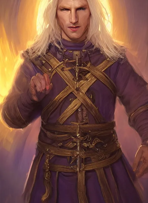 Image similar to male priest blonde parted hair healer, dndbeyond, bright, colourful, realistic, dnd character portrait, full body, pathfinder, pinterest, art by ralph horsley, dnd, rpg, lotr game design fanart by concept art, behance hd, artstation, deviantart, global illumination radiating a glowing aura global illumination ray tracing hdr render in unreal engine 5