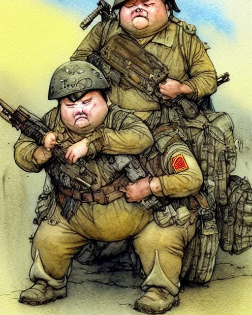 Image similar to a realistic and atmospheric watercolour fantasy character concept art portrait of a fat adorable chibi pugs as soldiers in vietnam, by rebecca guay, michael kaluta, charles vess and jean moebius giraud