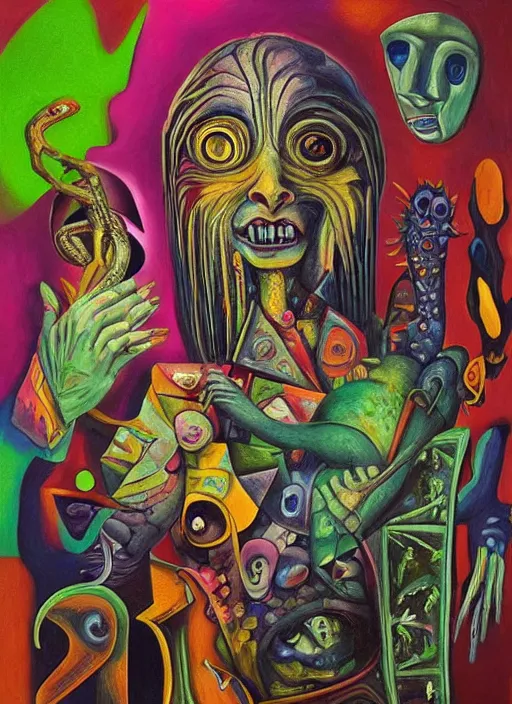 Prompt: “A surreal neon painting of a rotting shaman, holding a lizard, futuristic picasso by hr giger and Vladimir kush and dali and kandinsky, 3d, realistic shading, complimentary colors, vivid neon colors, aesthetically pleasing composition, masterpiece, 4k, 8k, ultra realistic, super realistic”