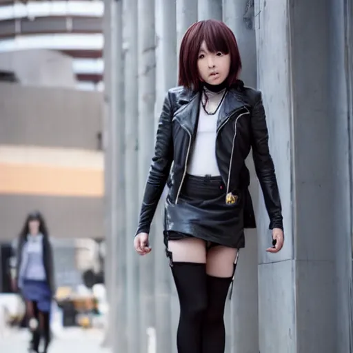 Image similar to a dynamic, epic cinematic 8K HD movie shot of a japanese young J-Pop idol girl wearing leather jacket, miniskirt, nylon tights and high heels boots. Motion, VFX, Inspirational arthouse