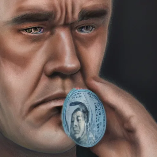 Image similar to ultradetailed beautiful portrait of a sad man holding out his last dollar trending on artstation