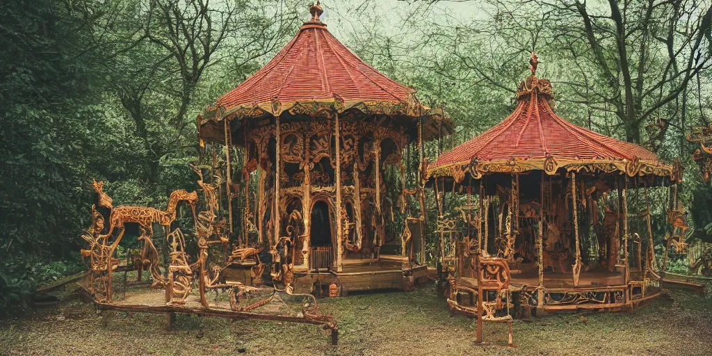 Prompt: an abandoned secret carousel with elaborately intricate carved wooden figures of animals, pine treehouse, astral projection, discovered in a secret garden, hedgemaze, photo taken on fujifilm superia film, 3 5 mm