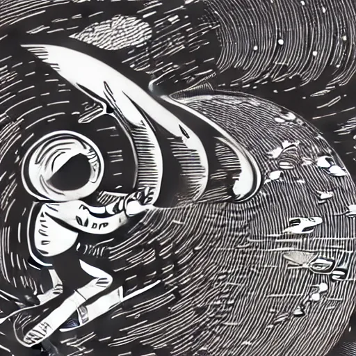 Image similar to mcbess illustration of a astronaut drifting to a portal in space