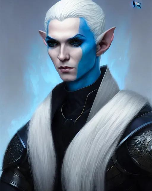 Prompt: character portrait of a slender young half elven man with white hair and piercing blue eyes and pale blue skin, wearing sleek pearlescent black armor, by greg rutkowski and mark brookes and jim burns and tom bagshaw and magali villeneuve, trending on artstation