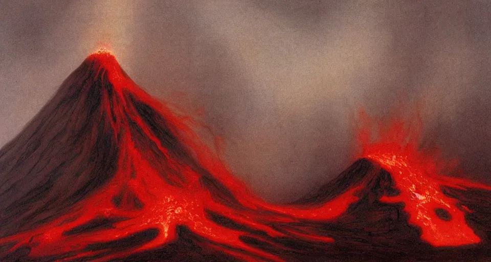 Image similar to a volcano made of ivory vines and crimson rocks enters in eruption, it spits a smoke in the shape of demonic eye, by john howe