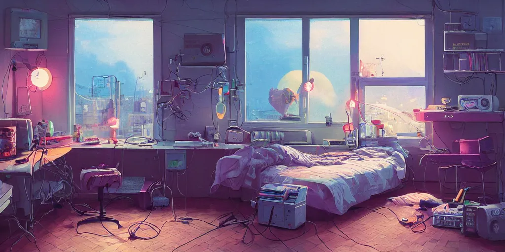 Image similar to cozy 9 0 s bedroom retrofuturism, cluttered, wires everywhere, computer, window, detailed by simon stalenhag