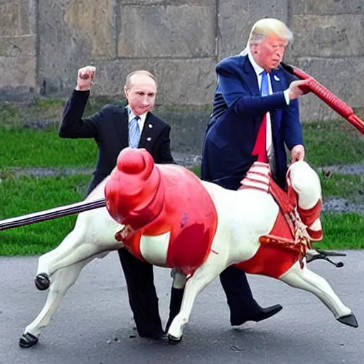 Prompt: Biden, Trump, Putin, Xi, as kids riding a hobby horse shooting each other with water pistols, cartoon!!!!,