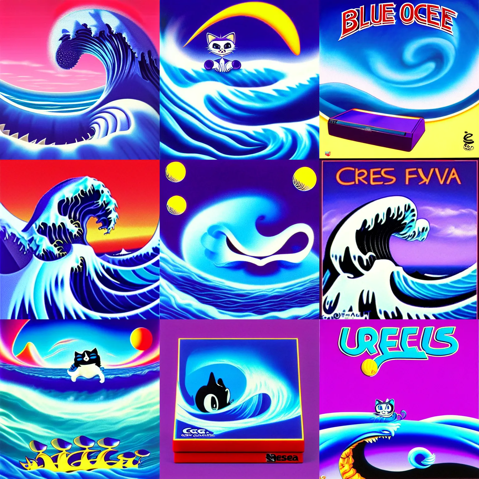 Prompt: surreal, sharp, detailed professional, high quality airbrush art album cover of a blue cresting ocean wave in the shape of felix the cat, purple checkerboard background, 1990s 1992 Sega Genesis box art