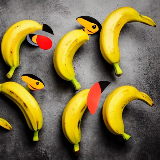 Image similar to professional photograph of banana ducks, peeled bananas with googly eyes and duck beaks