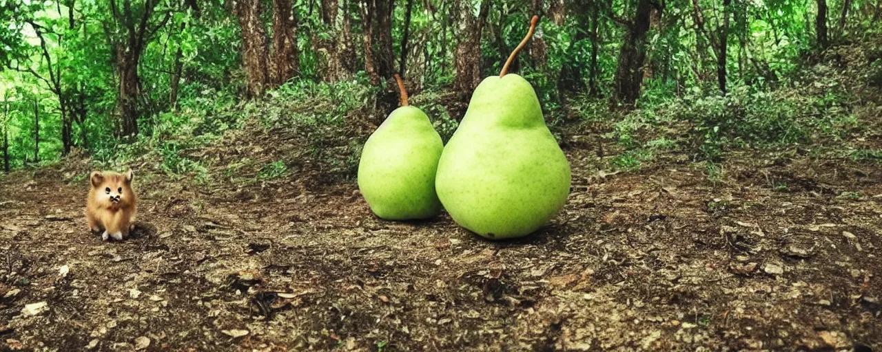 Prompt: a cute green pear animal walking in front of a forest, and looking at the camera; nature photography