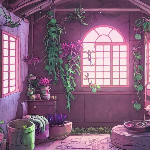Prompt: concept art painting of a interior of a cozy alien fantasy cottage, with black vines and magenta houseplants, realistic, detailed, cel shaded, dark, in the style of makoto shinkai and greg rutkowski and james gurney