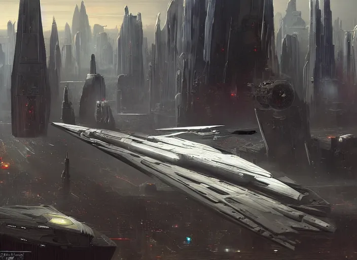 Image similar to a large spaceship seen from the surface of a busy metropolis, star wars digital art