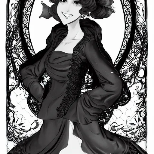 Image similar to a woman smiling, baroque style, black and white, elegant, beautiful, mesmerizing, concept art, fancy clothing, highly detailed, artstation, behance, deviantart, inspired by innocent manga, trending, shinichi sakamoto