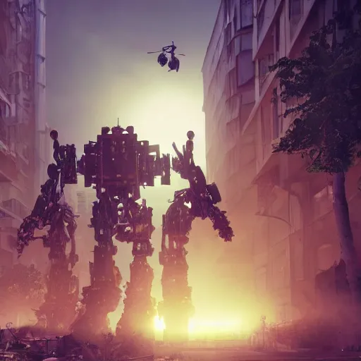 Image similar to six feet tall mech fighting in an urban environment, gaudi, by ismail inceoglu, octane render, by weta digital, cinematic lighting, bump mapped, lumen reflections, action scene screenshot, epic scale