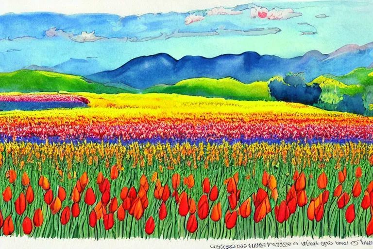 Image similar to painting of a tulip field with rolling hills, watercolour by wes wilson, victor moscoso, robert crumb, peter max, william finn, martin sharp