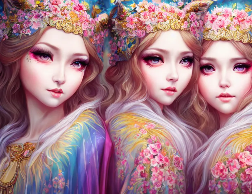 Image similar to two beautiful fashion siberian girls wear fantasy kimono in festival | | big eyes, sunny, dreamlike art, realistic shaded, smile, good looking, hyper details, 4 k realistic, cryengine, realistic shaded lighting poster by artgerm, ross tran, fuji choko, loish, 8 k resolution, trending on artstation, luxury