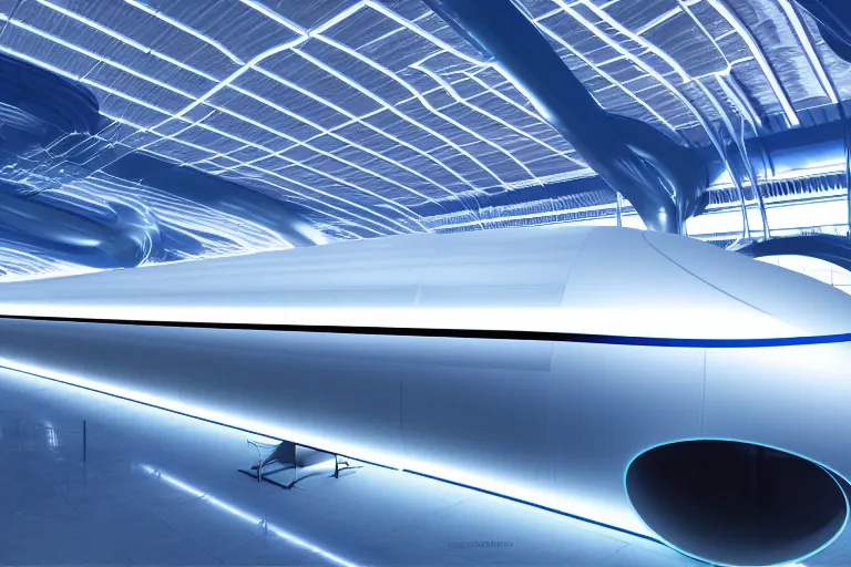 Prompt: transparent long dark blue plastic hyperloop blueprint by zaha hadid, space capsule with ray tracing glowing in the dark, dark moody monochrome colors,