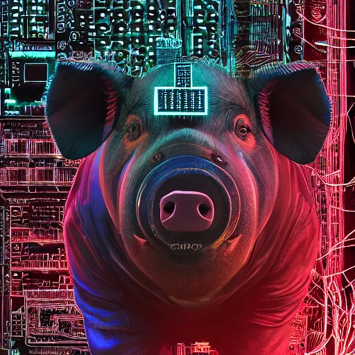 Image similar to a portrait photograph of a big aggressive male cyberpunk pig, circuit boards, motherboard, mainboard, wires, cable management, electrical wires, activity lights, cyberpunk, artstation, detail, hyperrealistic, digital photograph, natural light canon eos c 3 0 0, ƒ 1. 8, 3 5 mm, 8 k