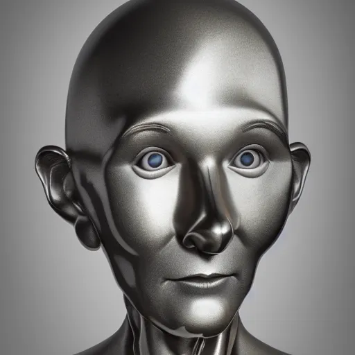 Image similar to a sculpture of a very ordinary person, by Jeff Koons, polished metal, anatomically correct, beautiful perfect face, sharp focus, Highly Detailed, Cinematic Lighting, octane render, volumetric lighting, post-production, 8k, HD