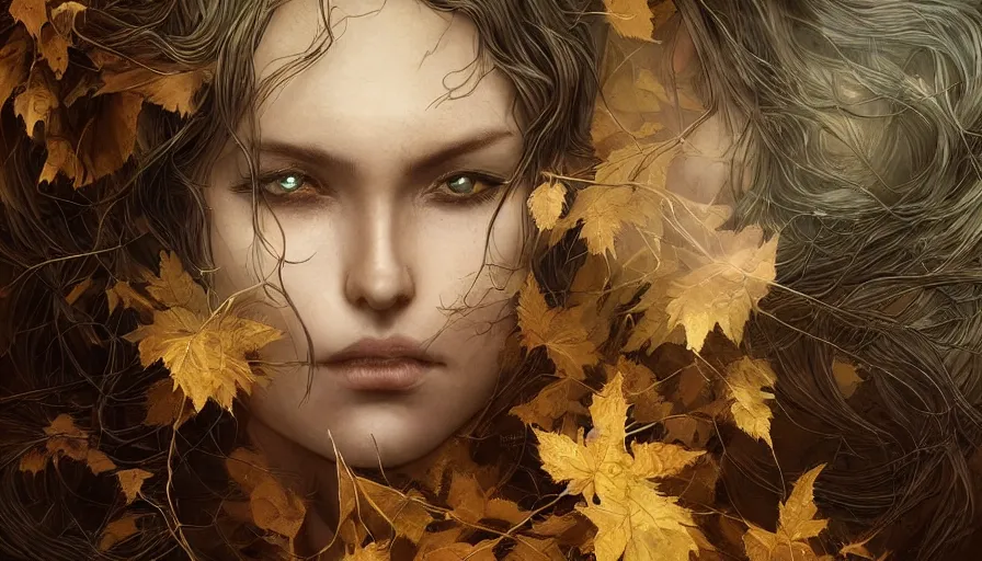 Prompt: golden leaves at frame border, creative!!! composition for a book cover!!!, absurdly beautiful, ultrafine hyperrealistic detailed old!! witch face by wlop and artgerm and greg rutkowski, intricate linework, sharp focus, smooth, octopath traveler, final fantasy, unreal engine, dramatic lighting, ethereal, 8 k