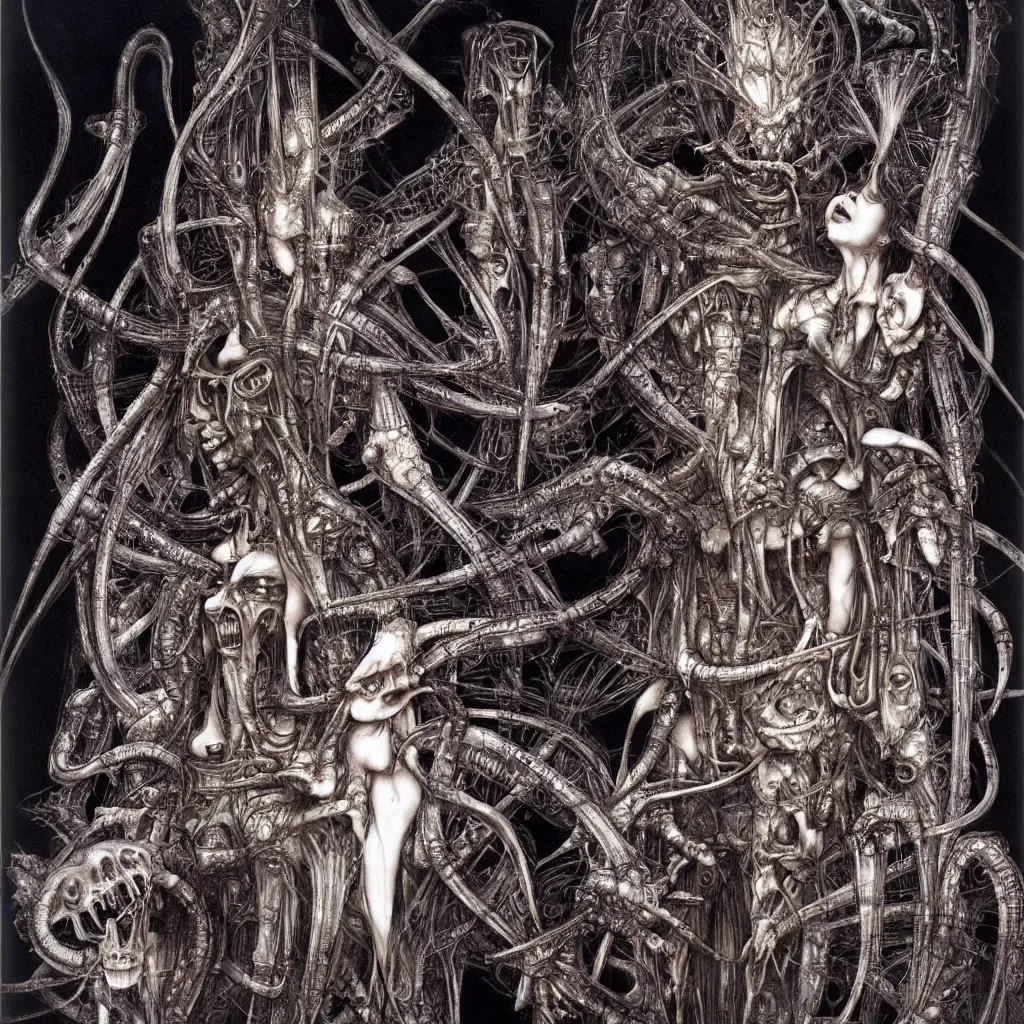 Image similar to a ritual for those who have none - Yoshitaka Amano and H.R. Giger