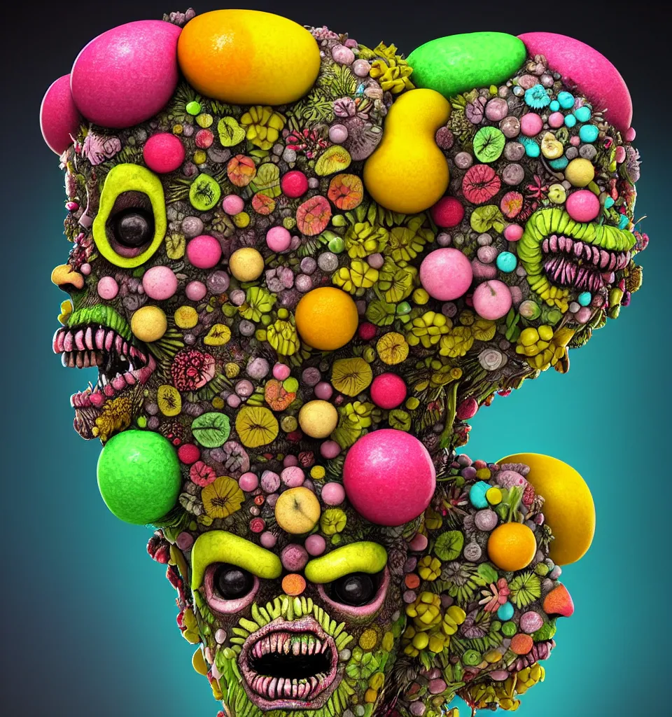 Image similar to headshot of a trickster nature zombie, head made of fruit and flowers in the style of arcimboldo, covered with iridescent bubbles, made by greg rutkowski, digital illustration, dynamic lighting, action figure, clay sculpture, claymation, turquoise pink and yellow, rainbow stripe backdrop