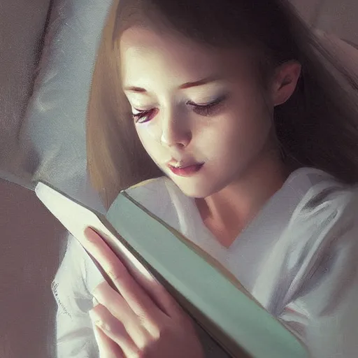 Prompt: a girl reading an e-book, night, portrait, by wlop