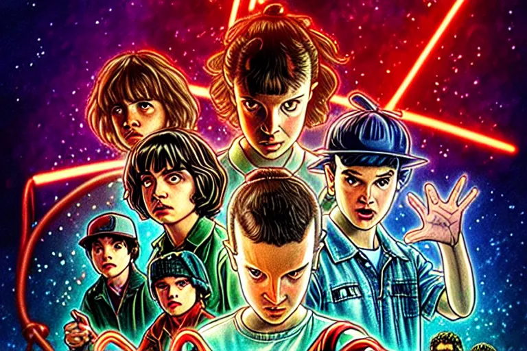 Prompt: closeup shot from the animated version of Stranger Things by Matt Groening, cartoon, detailed faces, high resolution, hyper detailed, intricate, illustrated, dramatic lighting, illustration, artstation, concept art, smooth, sharp focus, art by Alphonse Mucha and Matt Groening !n-9